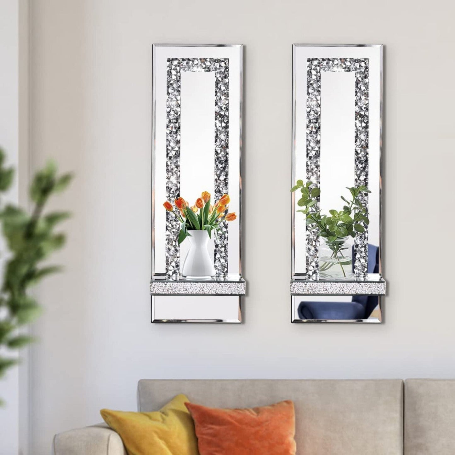 Crystal Crush Diamond Mirrored Candle Sconces – Elegant Silver Wall Candle Holder Set