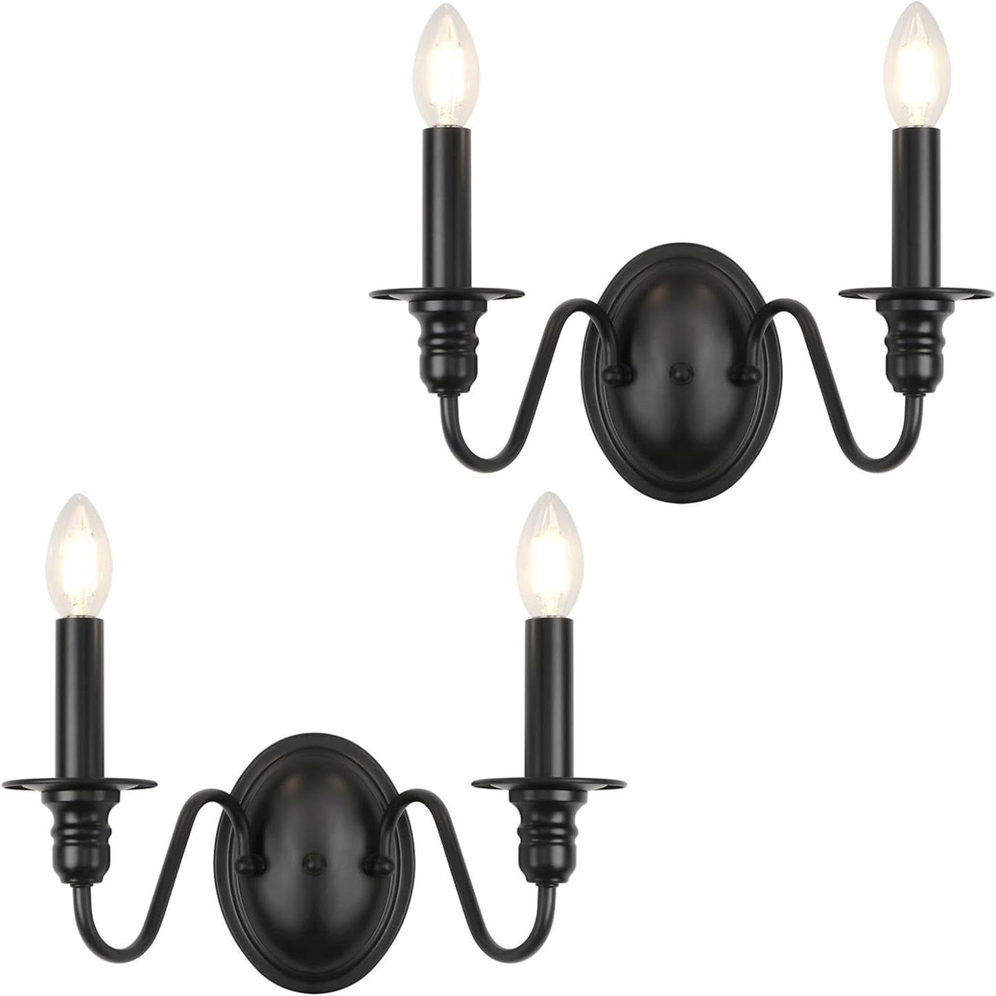 Farmhouse Wall Sconces – Set of 2 Black Candle-Style Light Fixtures for Home Décor