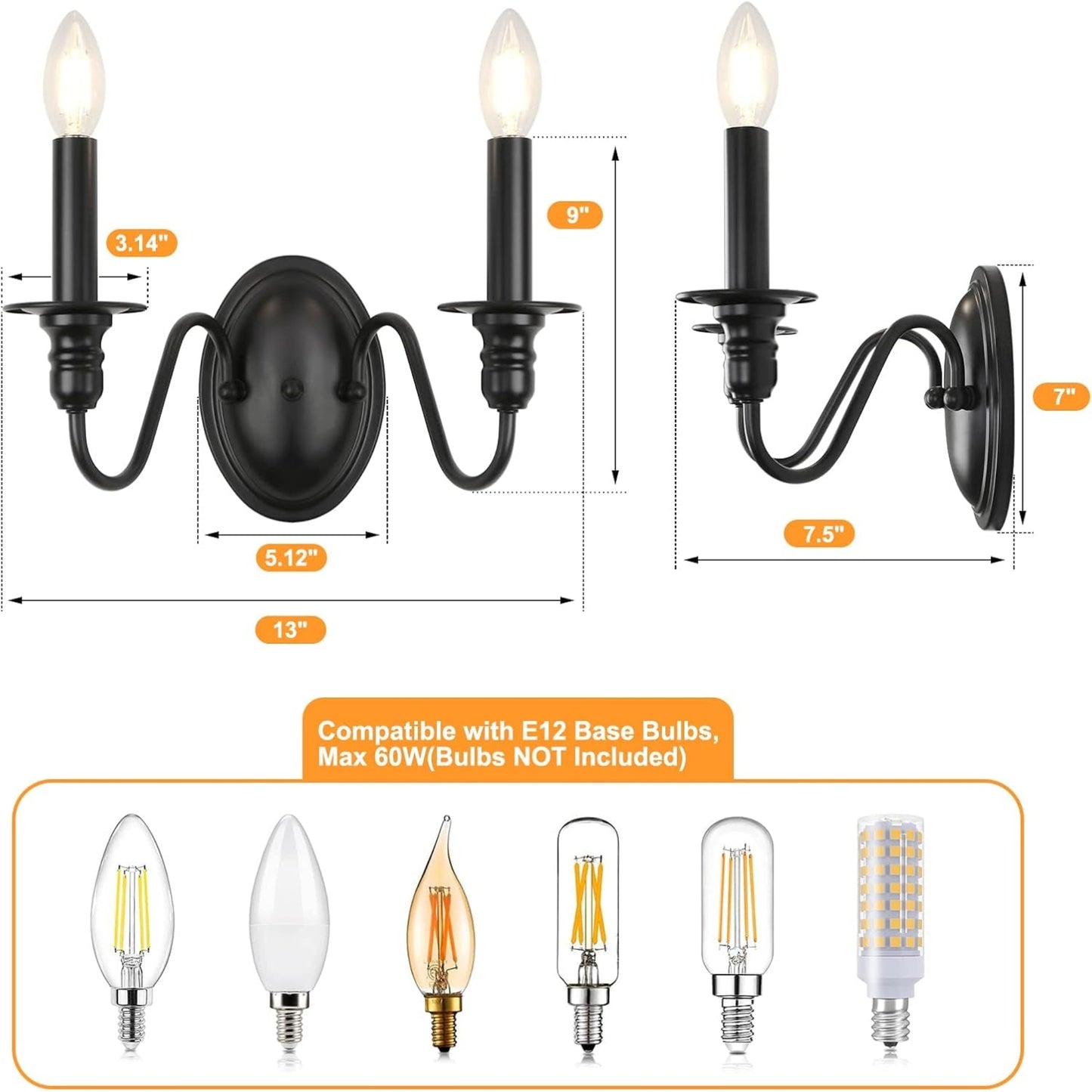 Farmhouse Wall Sconces – Set of 2 Black Candle-Style Light Fixtures for Home Décor