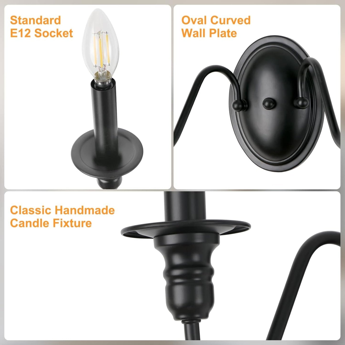 Farmhouse Wall Sconces – Set of 2 Black Candle-Style Light Fixtures for Home Décor