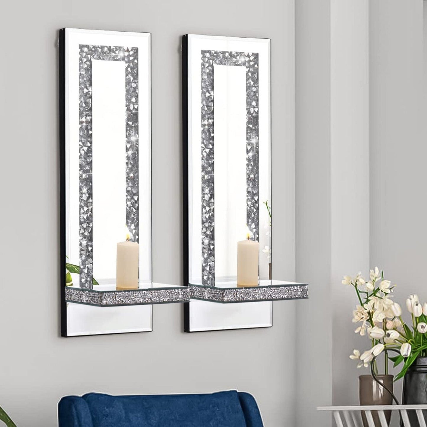 Crystal Crush Diamond Mirrored Candle Sconces – Elegant Silver Wall Candle Holder Set