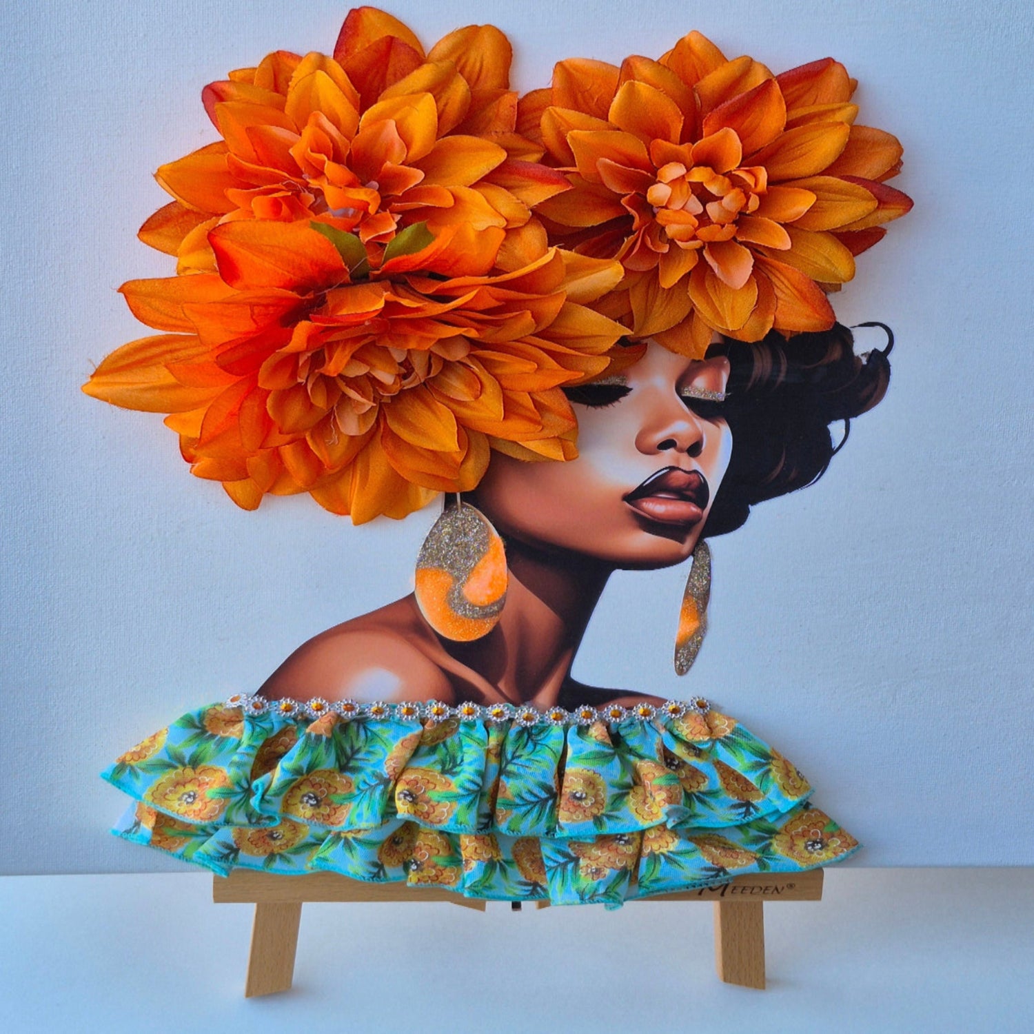 Artistic depiction of a woman with large orange flowers in her hair and a colorful dress on a white background.