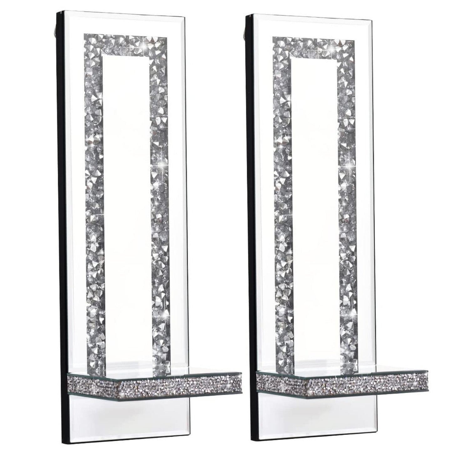 Crystal Crush Diamond Mirrored Candle Sconces – Elegant Silver Wall Candle Holder Set