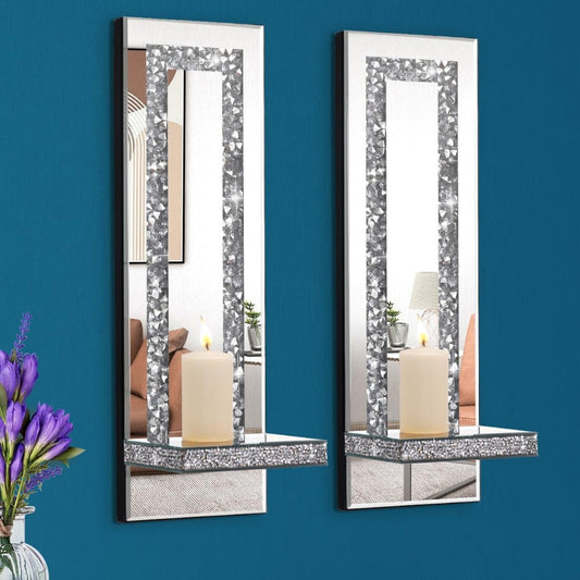  Crystal Crush Diamond Mirrored Candle Sconces – Elegant Silver Wall Candle Holder Set