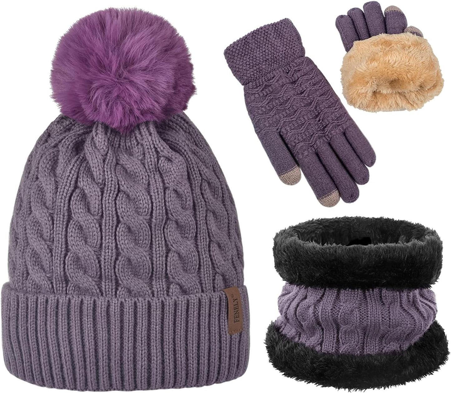 3Pcs Winter Women Beanie Hat Scarf and Touch Screen Gloves Sets Girls Classic Knit Warm Chunky Fleece Lined Cable Cap