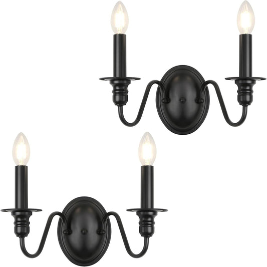 Farmhouse Wall Sconces – Set of 2 Black Candle-Style Light Fixtures for Home Décor
