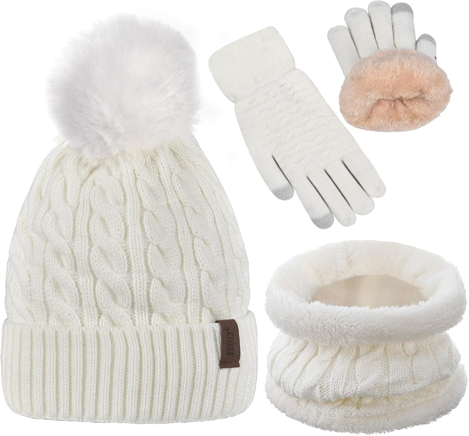 3Pcs Winter Women Beanie Hat Scarf and Touch Screen Gloves Sets Girls Classic Knit Warm Chunky Fleece Lined Cable Cap