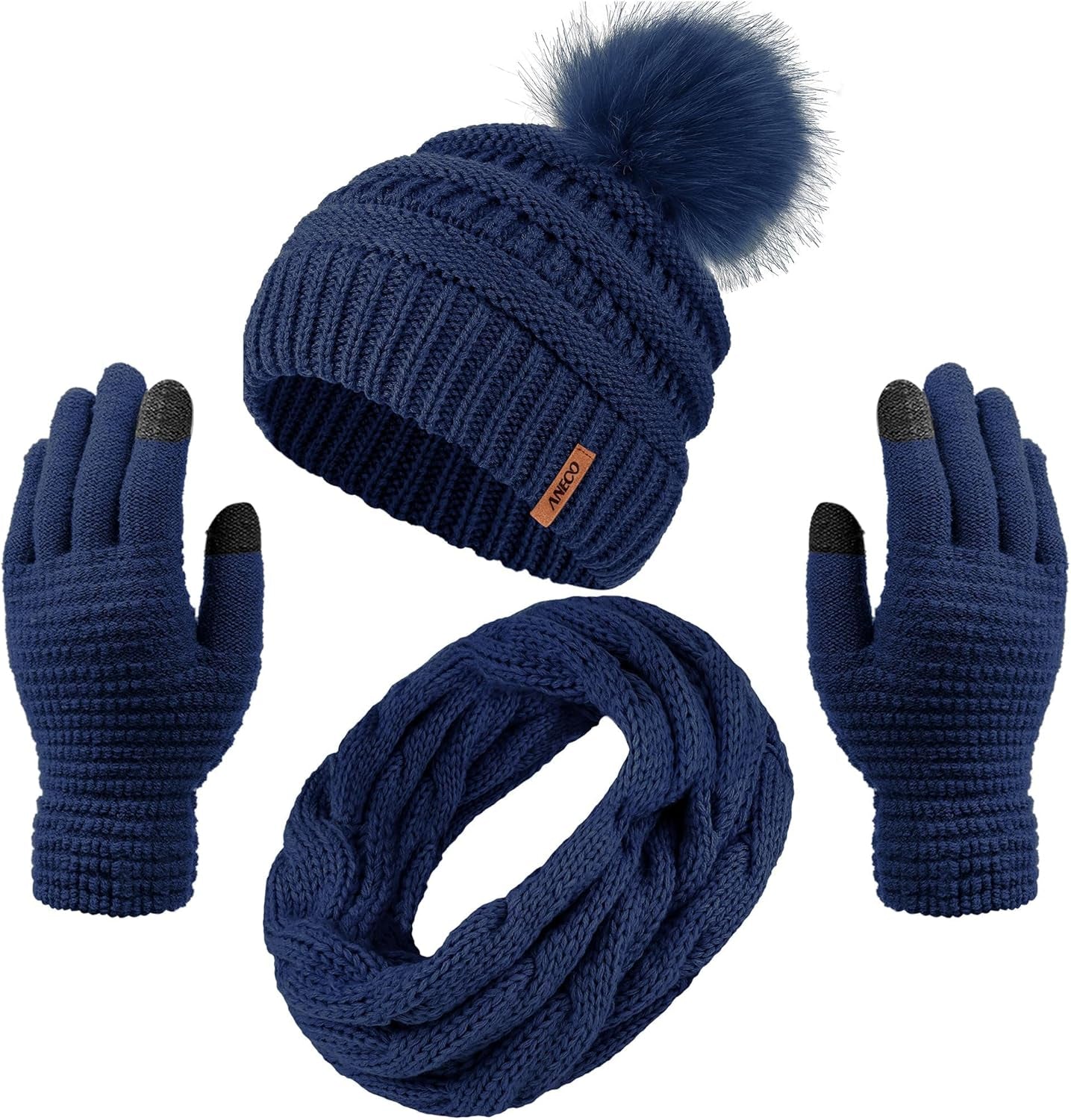 Womens Winter Warm Sets Knitted Fur Pompoms Beanie Hat Circle Loop Scarf Touch Screen Gloves Winter Favor Accessories