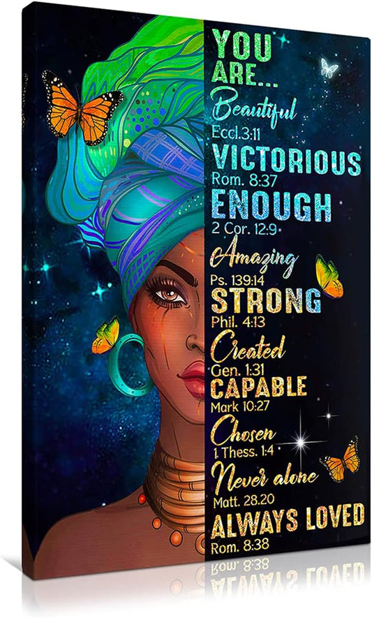 African American Wall Art You Are Beautiful Inspirational Quotes Canvas Wall Art Black Girl Painting Picture Artwork for Living Room Bedroom Office Home Wall Decor Framed Ready to Hang 16"X24"