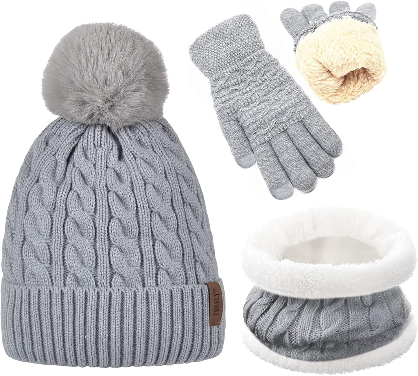 3Pcs Winter Women Beanie Hat Scarf and Touch Screen Gloves Sets Girls Classic Knit Warm Chunky Fleece Lined Cable Cap