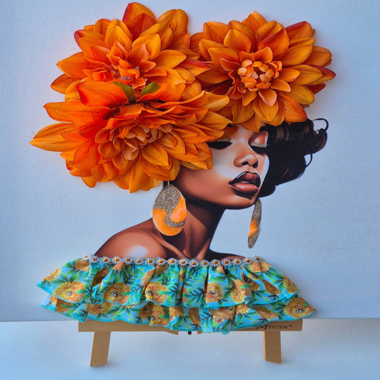 Artistic depiction of a woman with large orange flowers in her hair and a colorful dress on a white background.