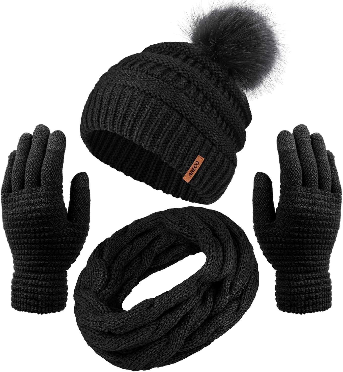 Womens Winter Warm Sets Knitted Fur Pompoms Beanie Hat Circle Loop Scarf Touch Screen Gloves Winter Favor Accessories