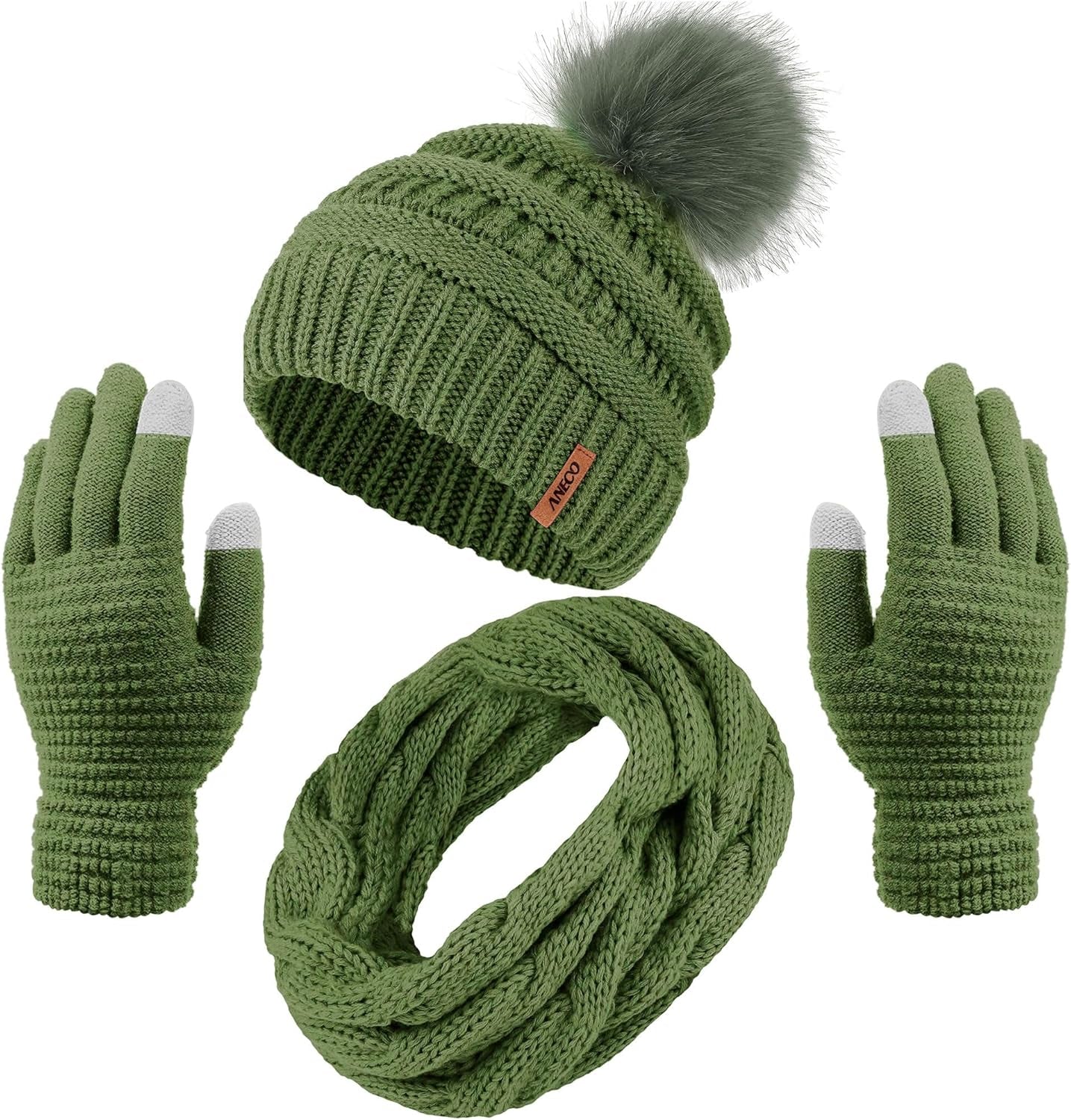 Womens Winter Warm Sets Knitted Fur Pompoms Beanie Hat Circle Loop Scarf Touch Screen Gloves Winter Favor Accessories