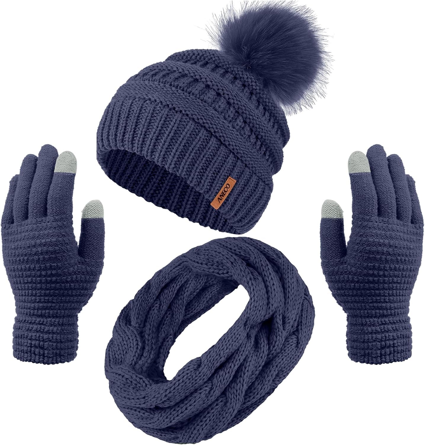 Womens Winter Warm Sets Knitted Fur Pompoms Beanie Hat Circle Loop Scarf Touch Screen Gloves Winter Favor Accessories