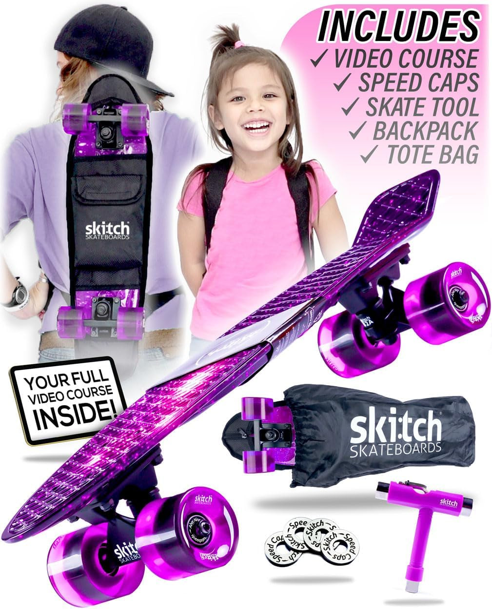 Skateboards for Kids, Teens and Adults | Premium Skateboard Gift Set for Beginners and Pros Complete with Mini Cruiser Board + Skateboard Backpack + Video Course + Speed Control + Skate Tool