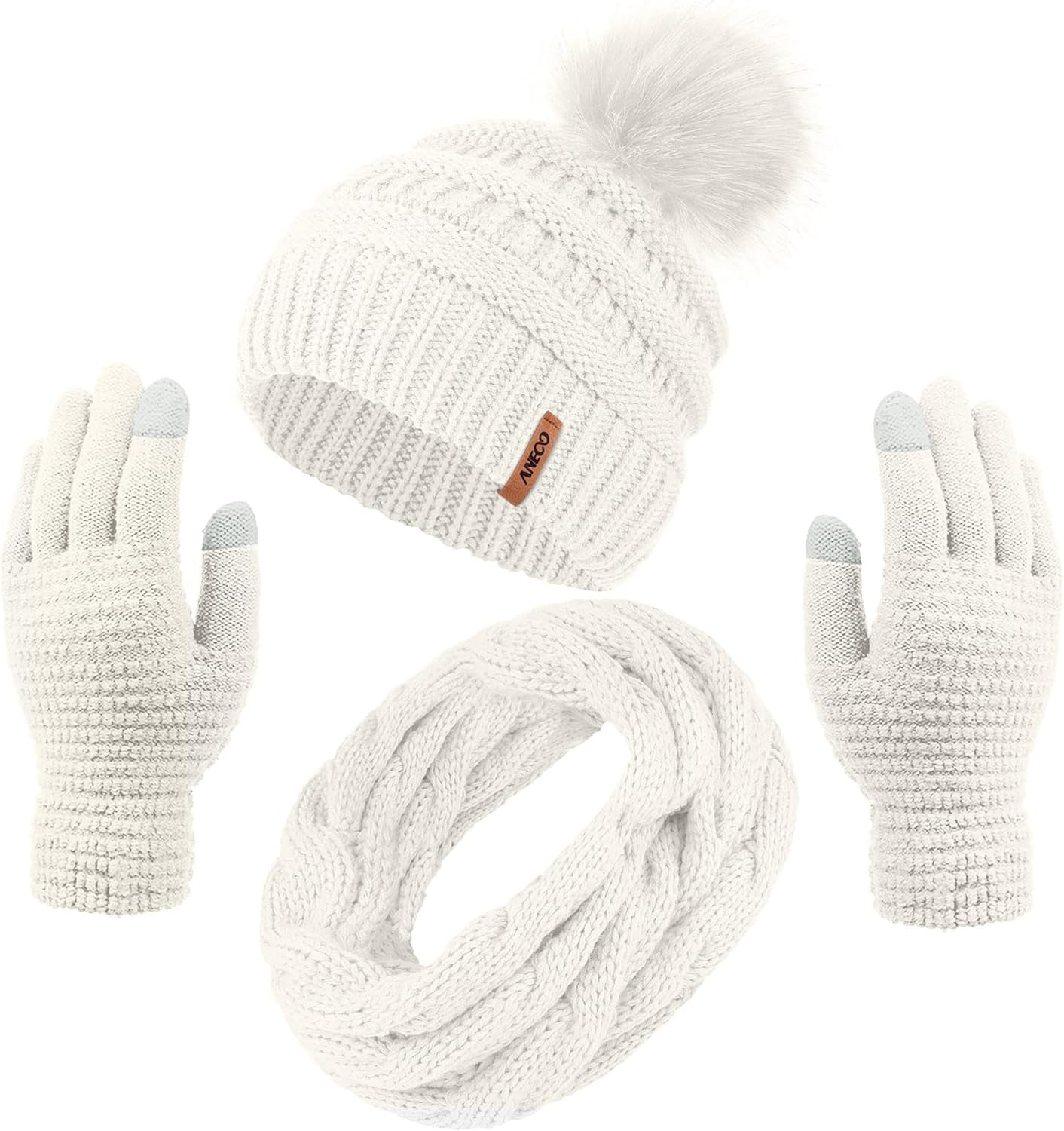 Womens Winter Warm Sets Knitted Fur Pompoms Beanie Hat Circle Loop Scarf Touch Screen Gloves Winter Favor Accessories