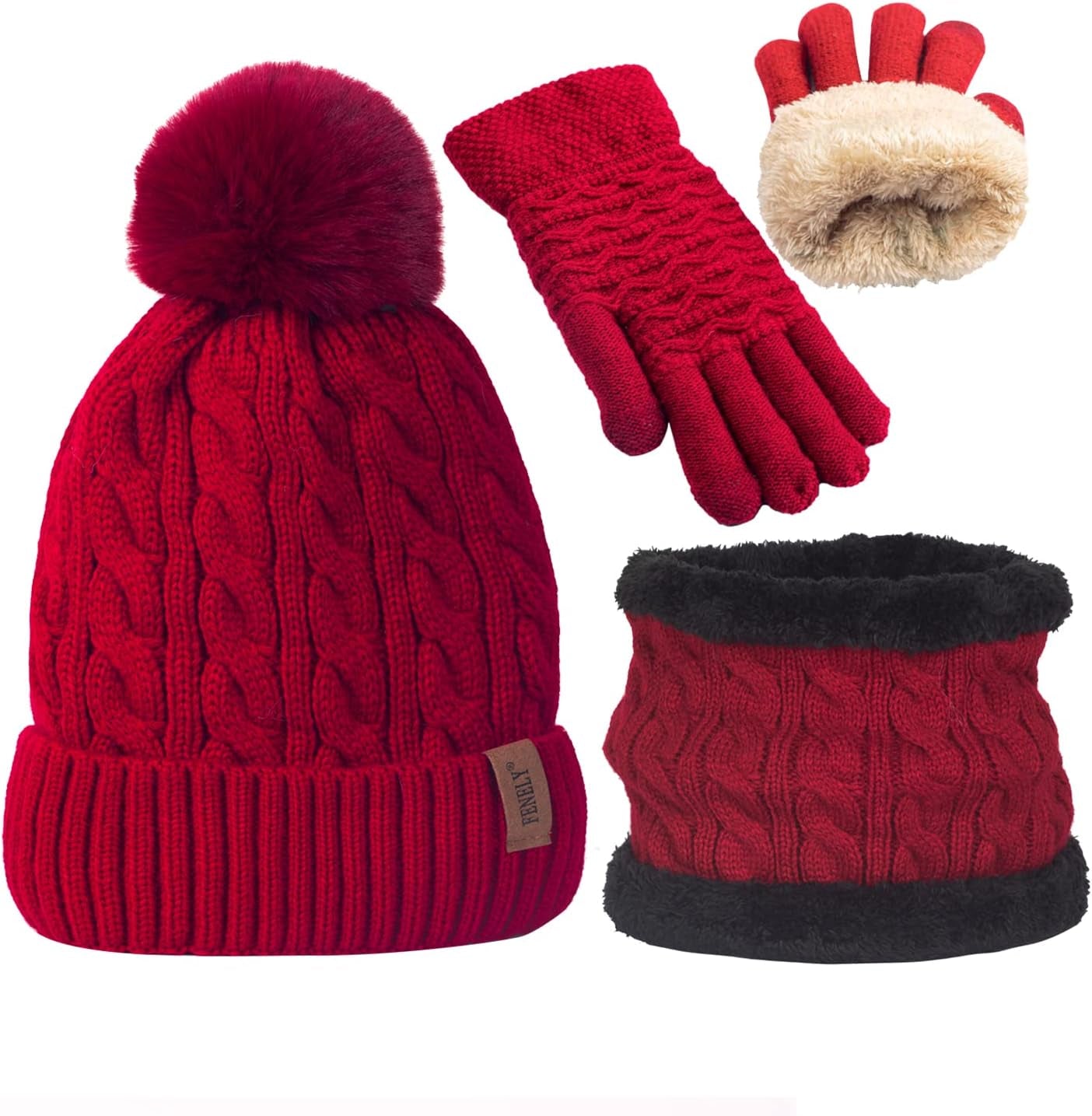 3Pcs Winter Women Beanie Hat Scarf and Touch Screen Gloves Sets Girls Classic Knit Warm Chunky Fleece Lined Cable Cap