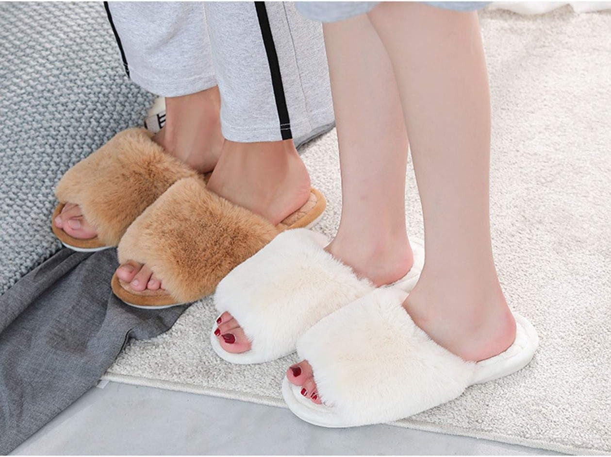 Women'S Fuzzy Fur Flat Slippers Soft Open Toe House Slippers Memory Foam Sandals Slides Home Slippers for Girls Men Indoor Outdoor